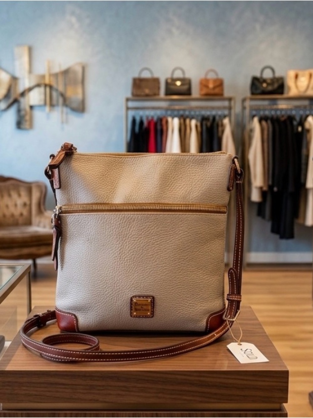 Dooney & Bourke Cream Pebbled Leather Crossbody with Brown Trim